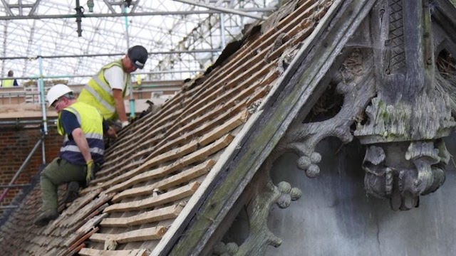 The Tudor chapel roof being stripped after ecologists confirmed that a maternity roost of bats had moved on from September 2017.